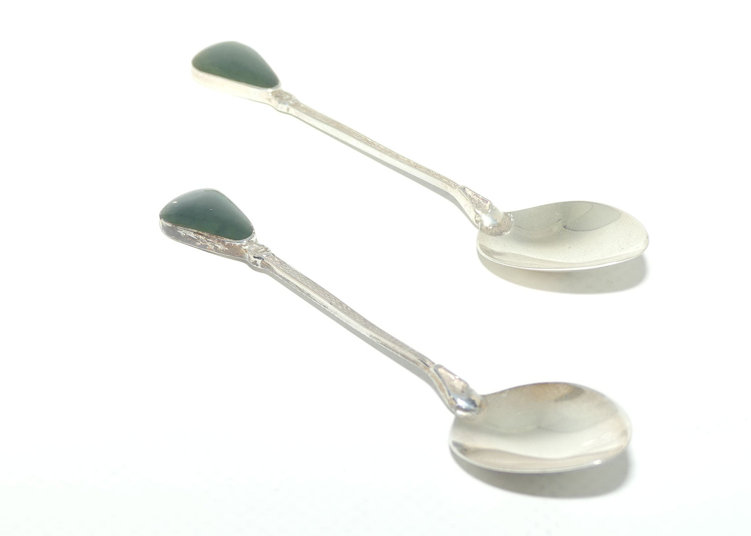 New Zealand Sterling Silver pair of souvenir teaspoons | NZ Greenstone set handle