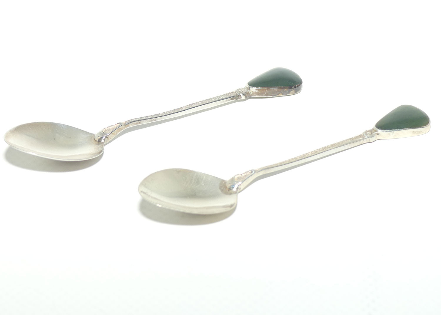 New Zealand Sterling Silver pair of souvenir teaspoons | NZ Greenstone set handle