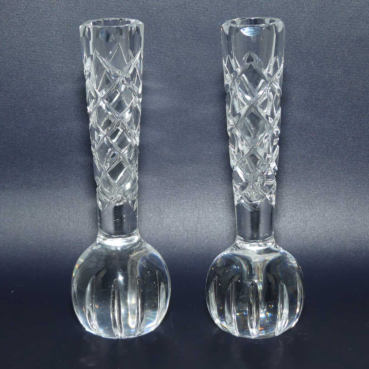 Pair Bohemian Crystal diamond cut bud vases