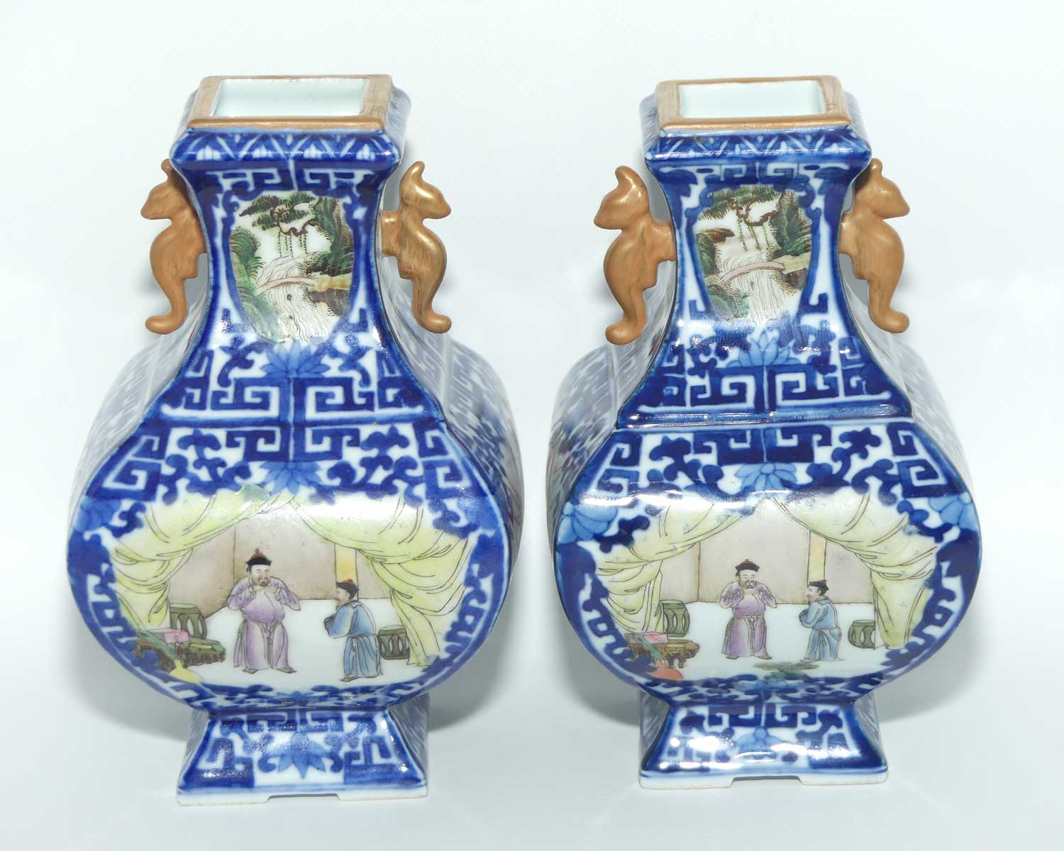 Pair of Chinese Qing Style Square vases | Blue and White and hand painted scenes