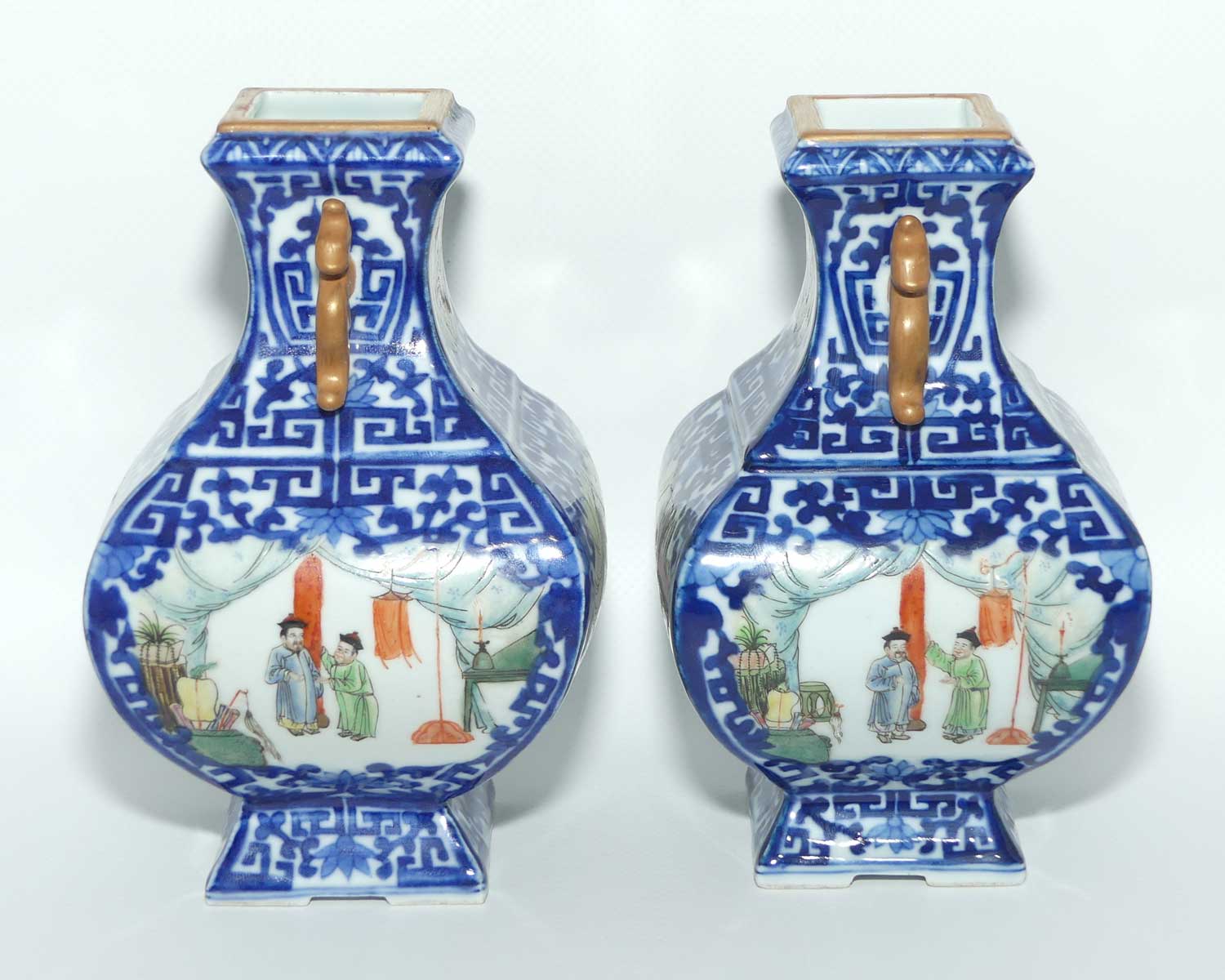Pair of Chinese Qing Style Square vases | Blue and White and hand painted scenes