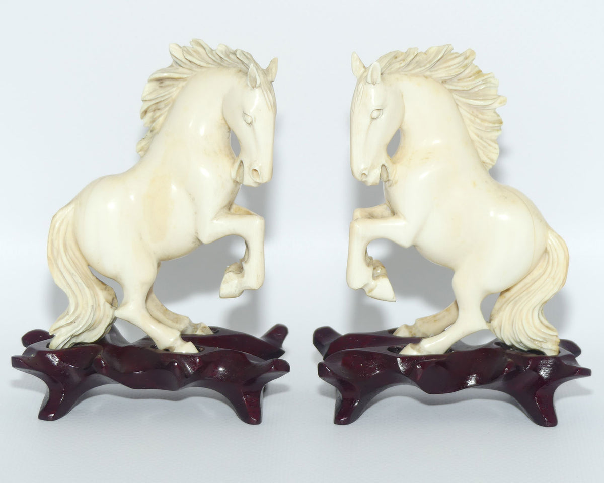 Carved Ivory pair of figures on matched bases | Rearing Horses