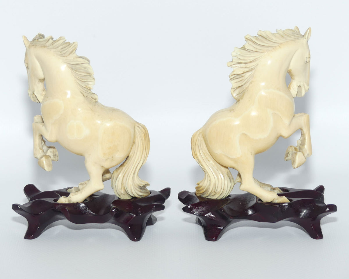 Carved Ivory pair of figures on matched bases | Rearing Horses