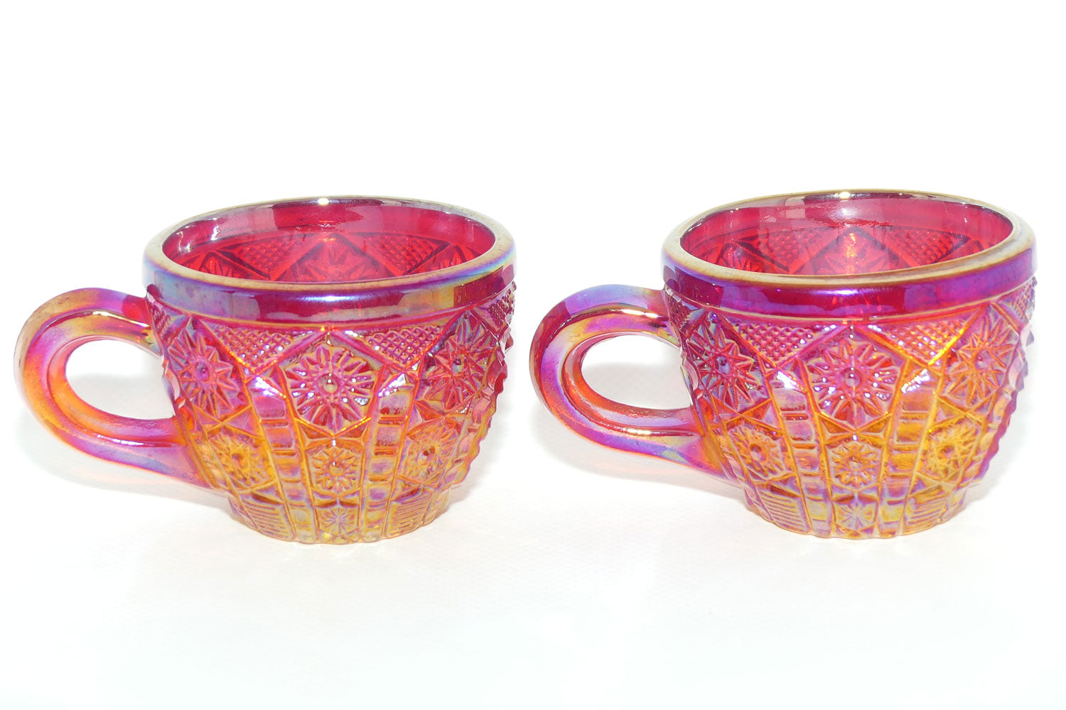 Pair of Indiana Carnival Glass cups | Red Amberina | Heirloom pattern | #2