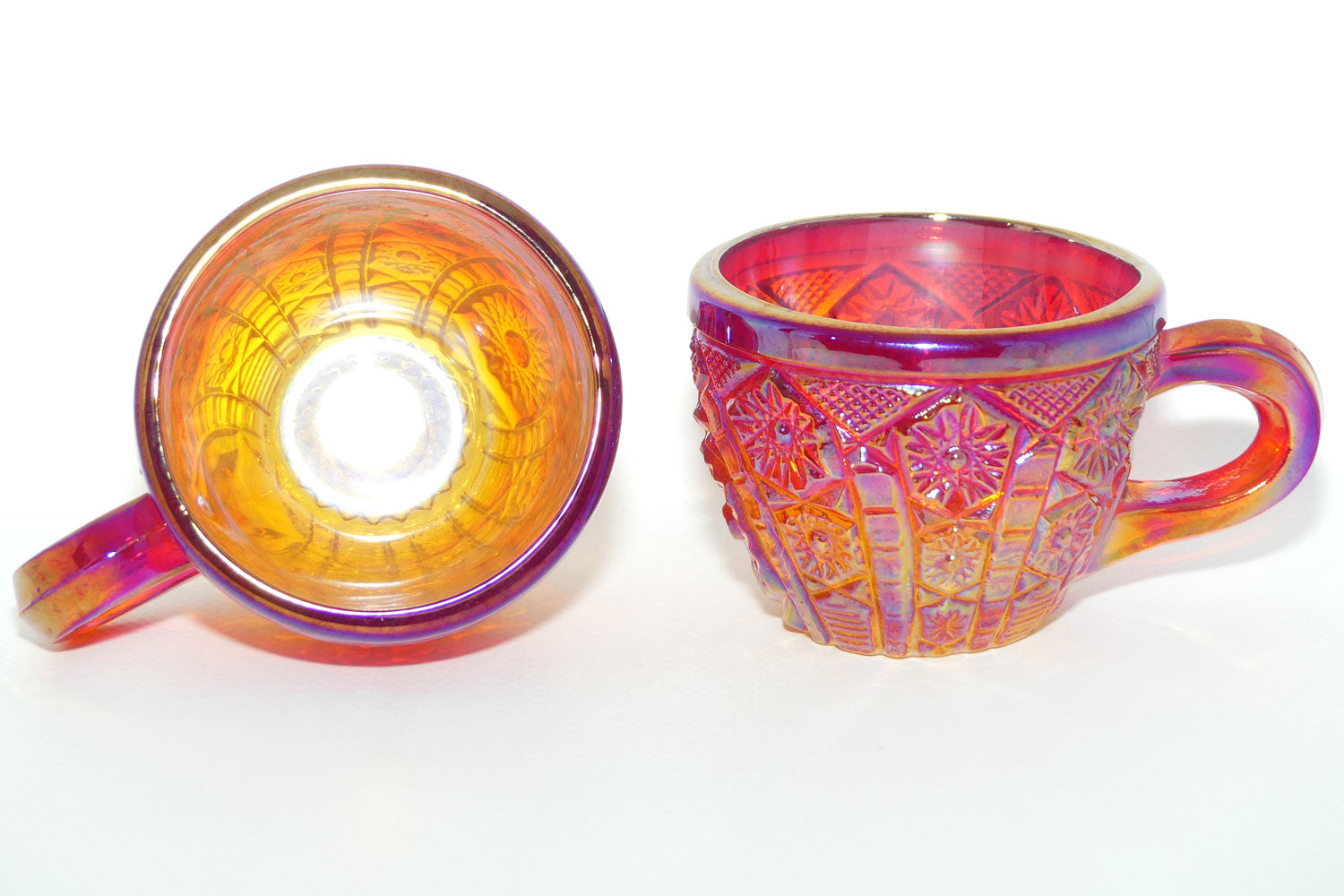 Pair of Indiana Carnival Glass cups | Red Amberina | Heirloom pattern | #2