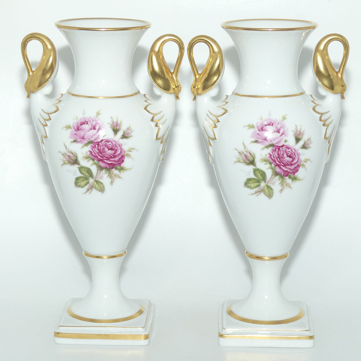 AK Kaiser West Germany pair of Swan Handled Amphora vases | Moss Rose pattern