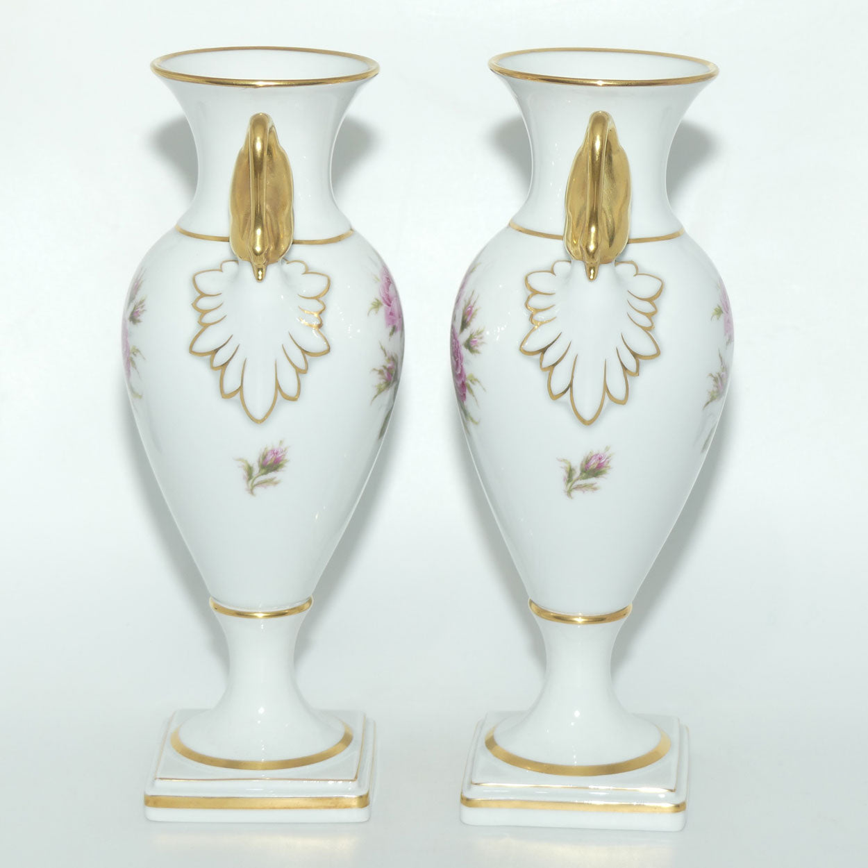 AK Kaiser West Germany pair of Swan Handled Amphora vases | Moss Rose pattern