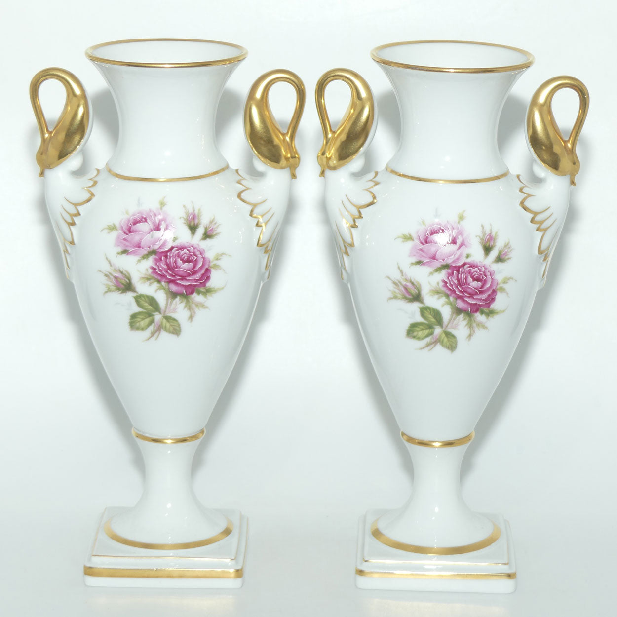 AK Kaiser West Germany pair of Swan Handled Amphora vases | Moss Rose pattern