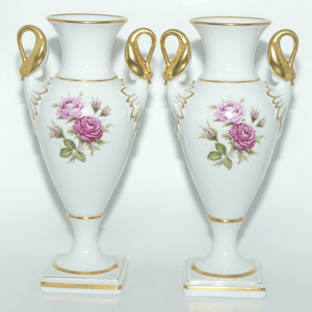 AK Kaiser West Germany pair of Swan Handled Amphora vases | Moss Rose pattern