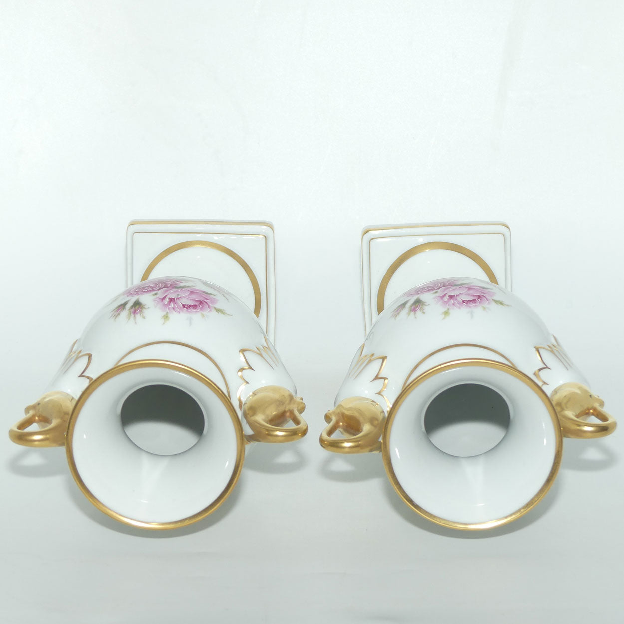 AK Kaiser West Germany pair of Swan Handled Amphora vases | Moss Rose pattern