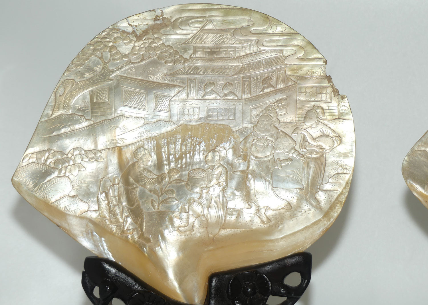 Pair of Carved Mother of Pearl Shells on Carved Rosewood Stands