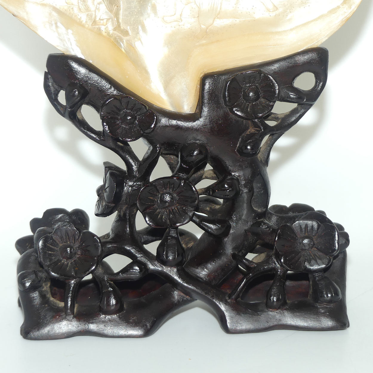 Pair of Carved Mother of Pearl Shells on Carved Rosewood Stands