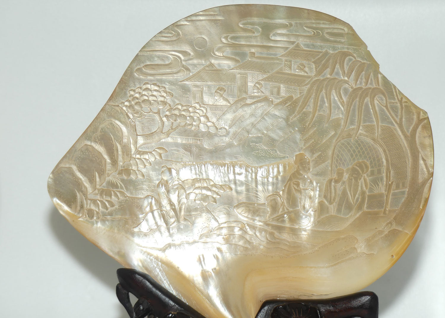 Pair of Carved Mother of Pearl Shells on Carved Rosewood Stands