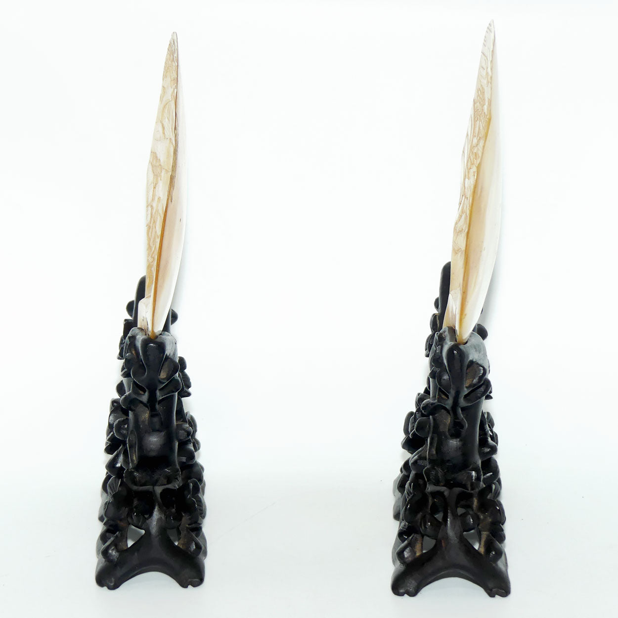 Pair of Carved Mother of Pearl Shells on Carved Rosewood Stands