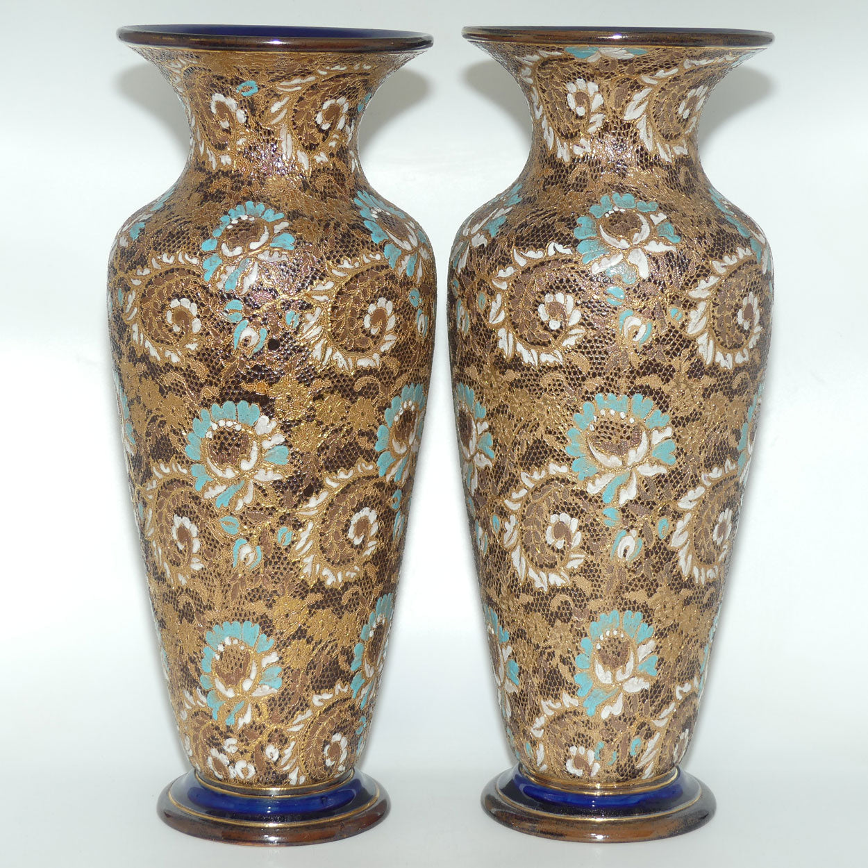 Doulton Lambeth Stoneware Pair of large proportion Slaters Patent vases | Turquoise, White and Gilt