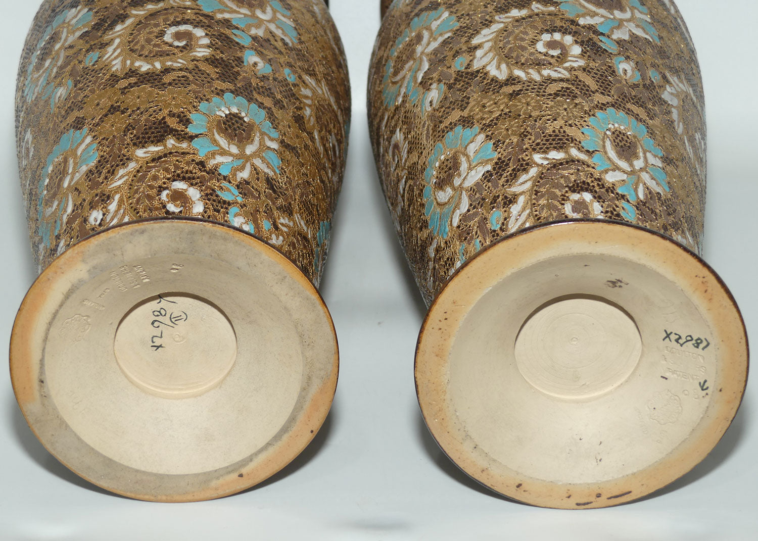 Doulton Lambeth Stoneware Pair of large proportion Slaters Patent vases | Turquoise, White and Gilt