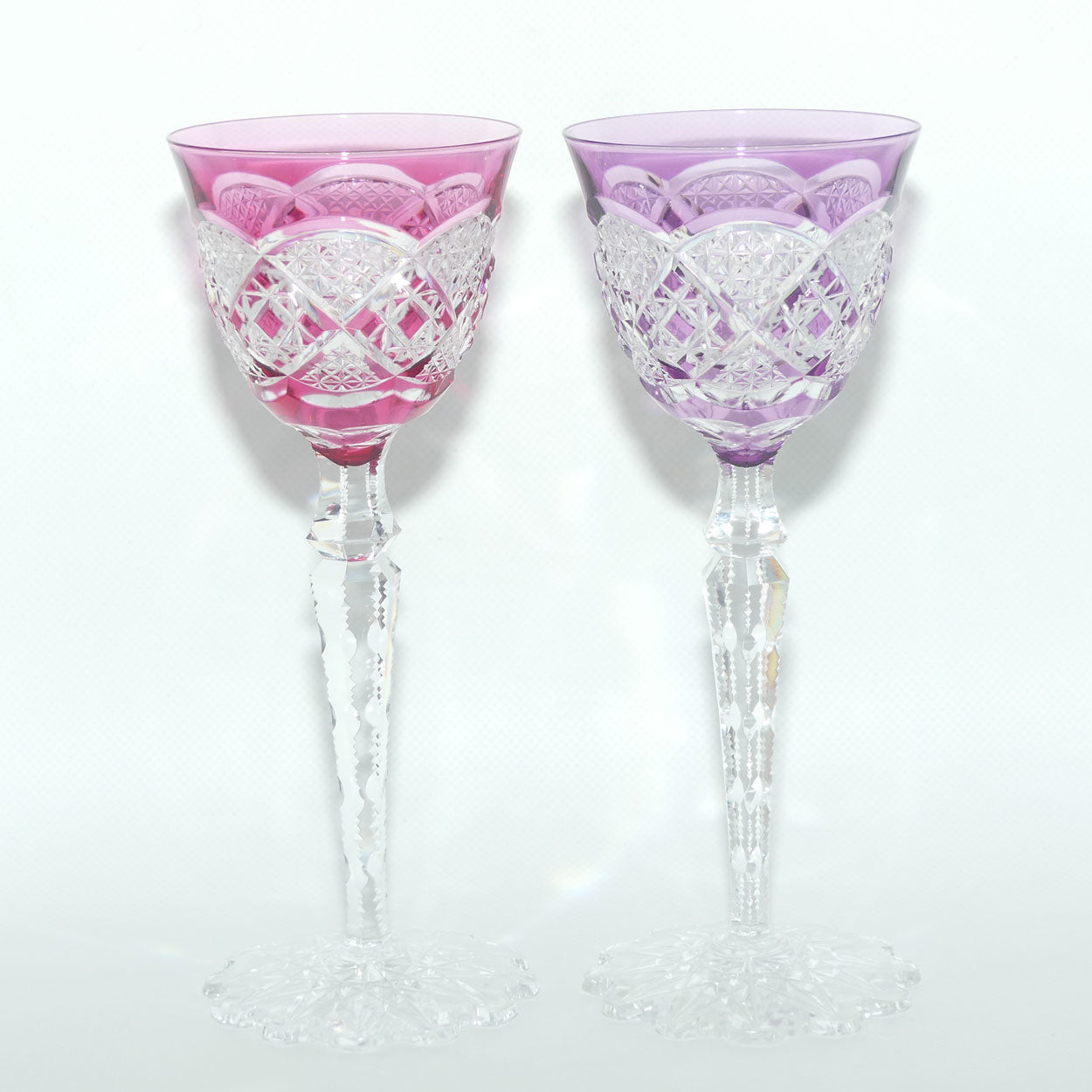 Pair of Val St Lambert Verrept pattern wine glasses | One Rose and One Violet