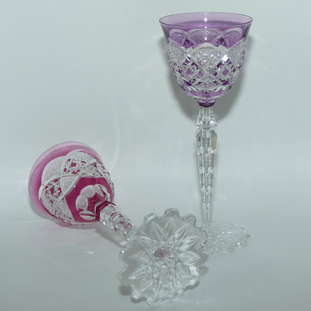 Pair of Val St Lambert Verrept pattern wine glasses | One Rose and One Violet