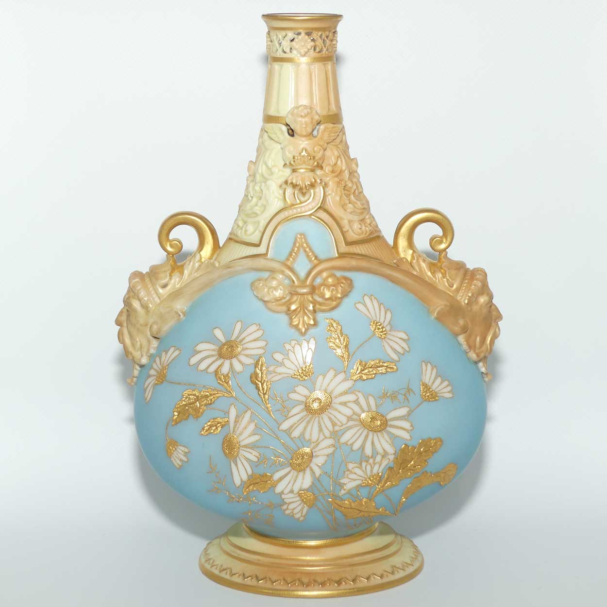 Royal Worcester Blush Ivory and Turquoise Blue hand painted and gilt floral vase | Daisies