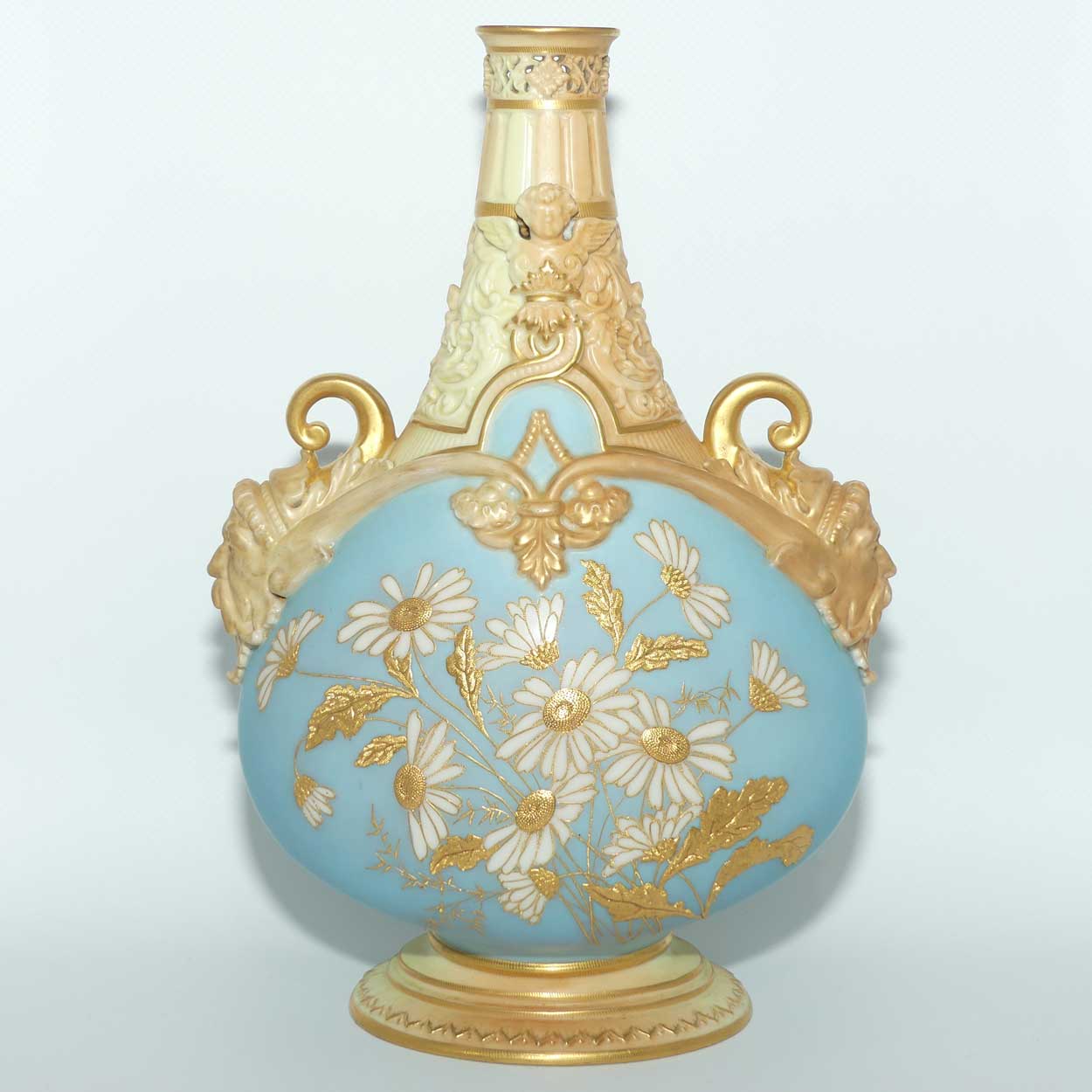 Royal Worcester Blush Ivory and Turquoise Blue hand painted and gilt floral vase | Daisies