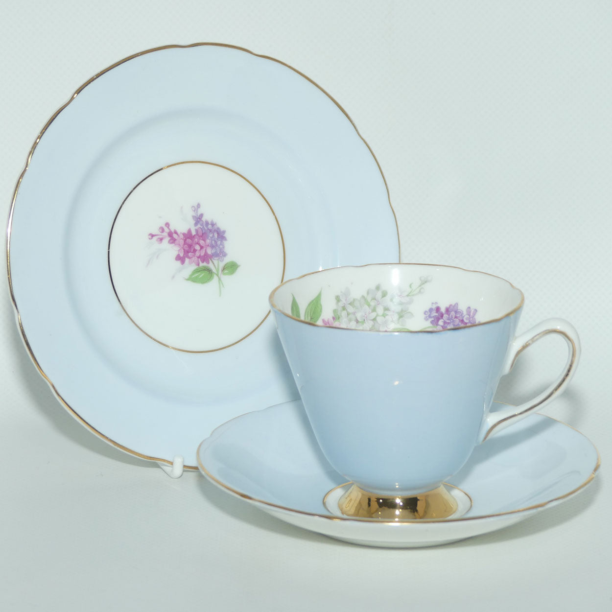 Old Royal Bone China Pale Blue trio | Lilac Flowers