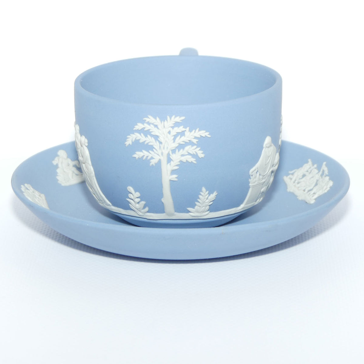 Wedgwood Jasper | White on Pale Blue cup and saucer | Grecian Scenes | #1