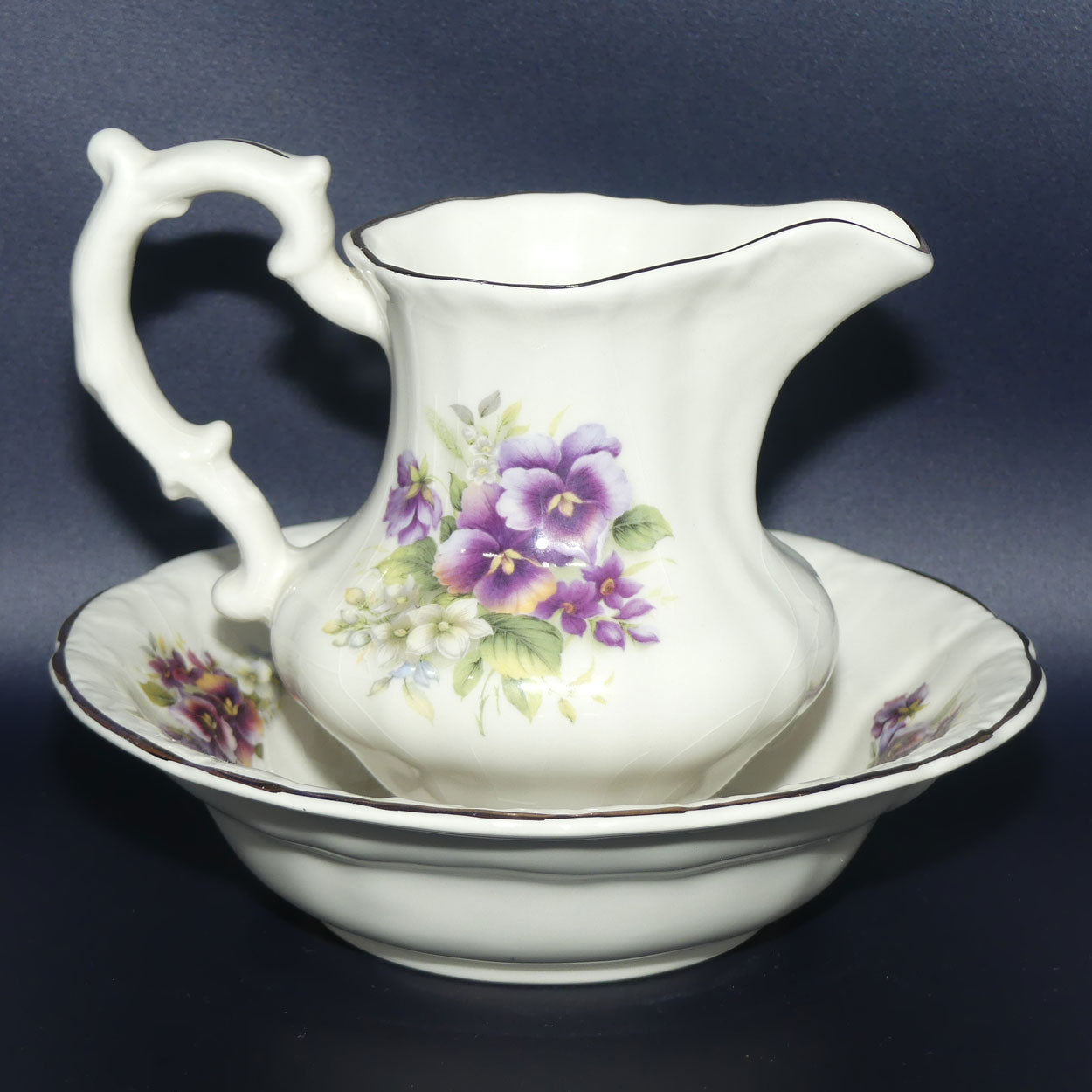 Victoriana Pottery miniature jug and basin set | Pansies motif
