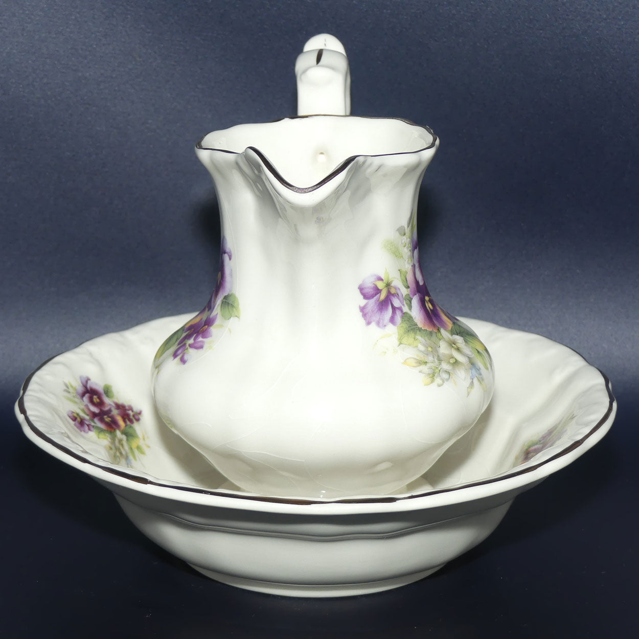 Victoriana Pottery miniature jug and basin set | Pansies motif