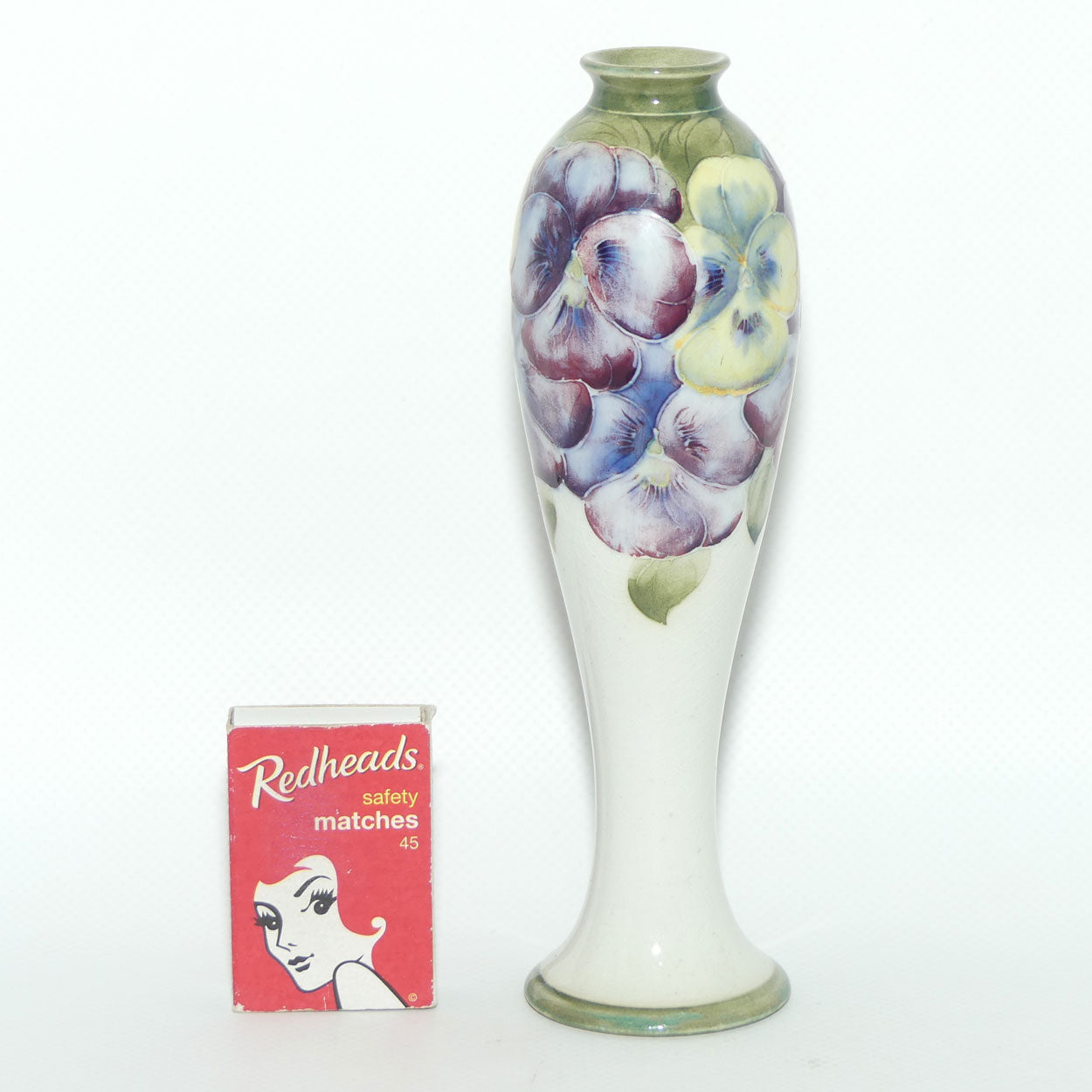 James MacIntyre & Co William Moorcroft Pansy on White Ground vase | Made for Ward & Son Doncaster