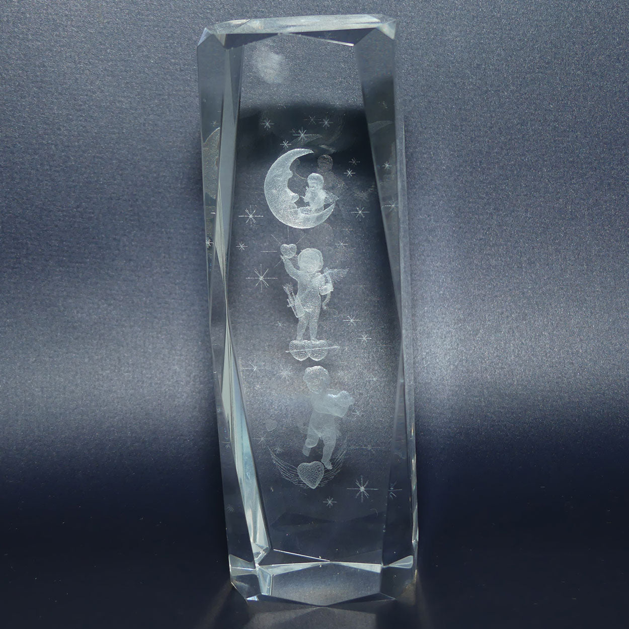 Lazer Cut Glass Paperweight featuring 3 cupids