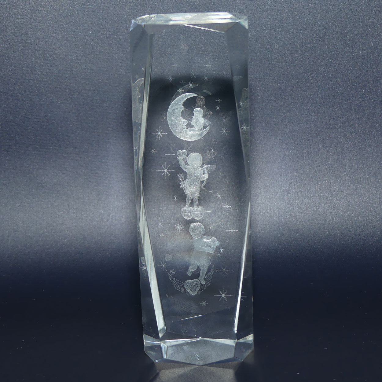 Lazer Cut Glass Paperweight featuring 3 cupids