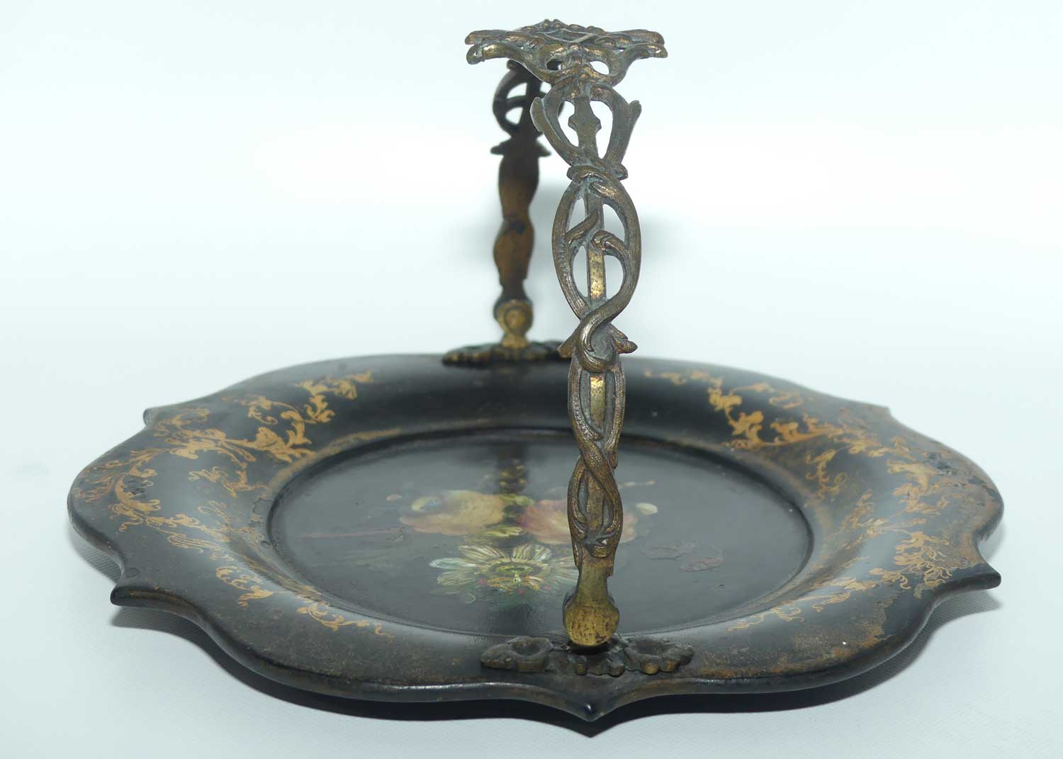 Antique Victorian era Papier Mache basket with swing handle