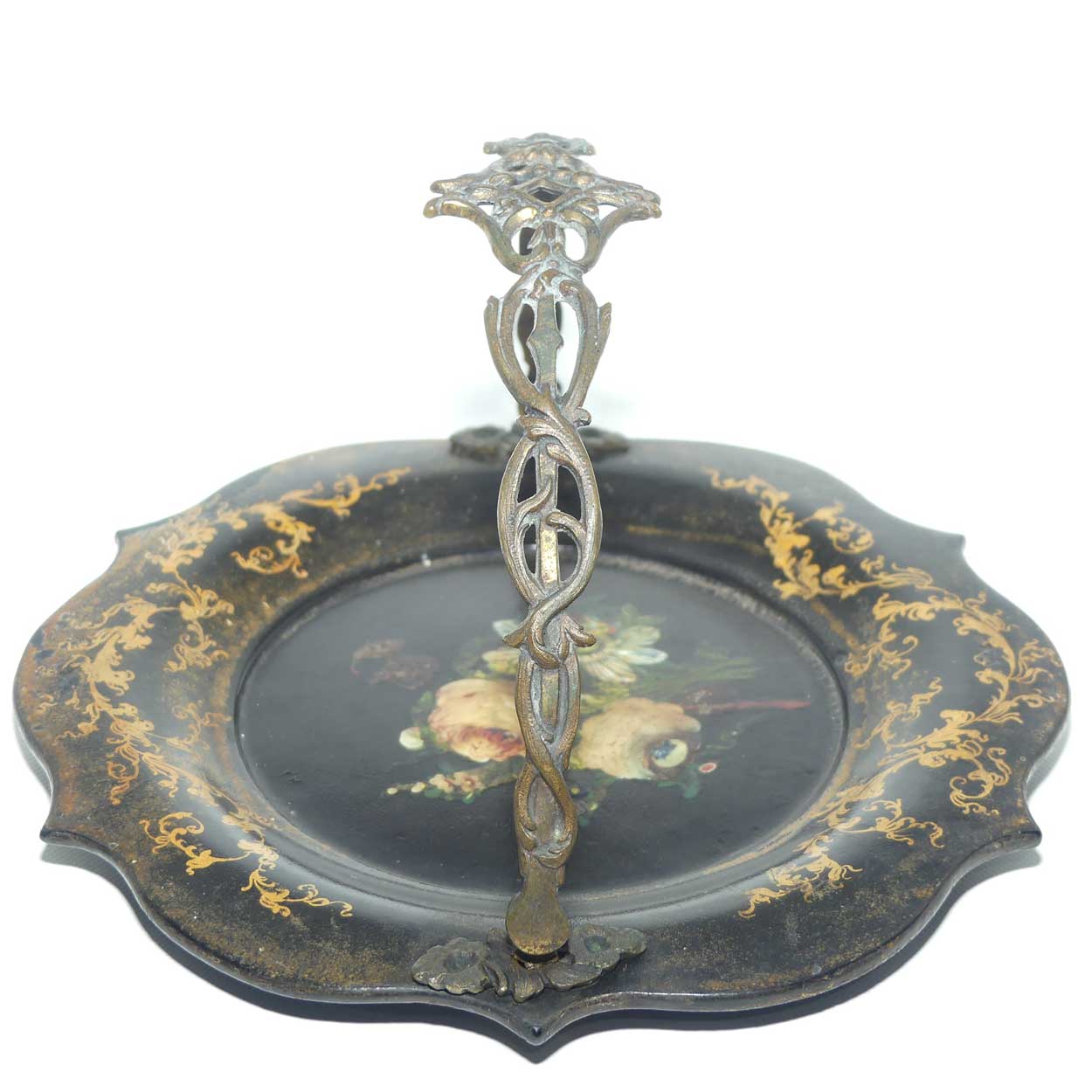 Antique Victorian era Papier Mache basket with swing handle