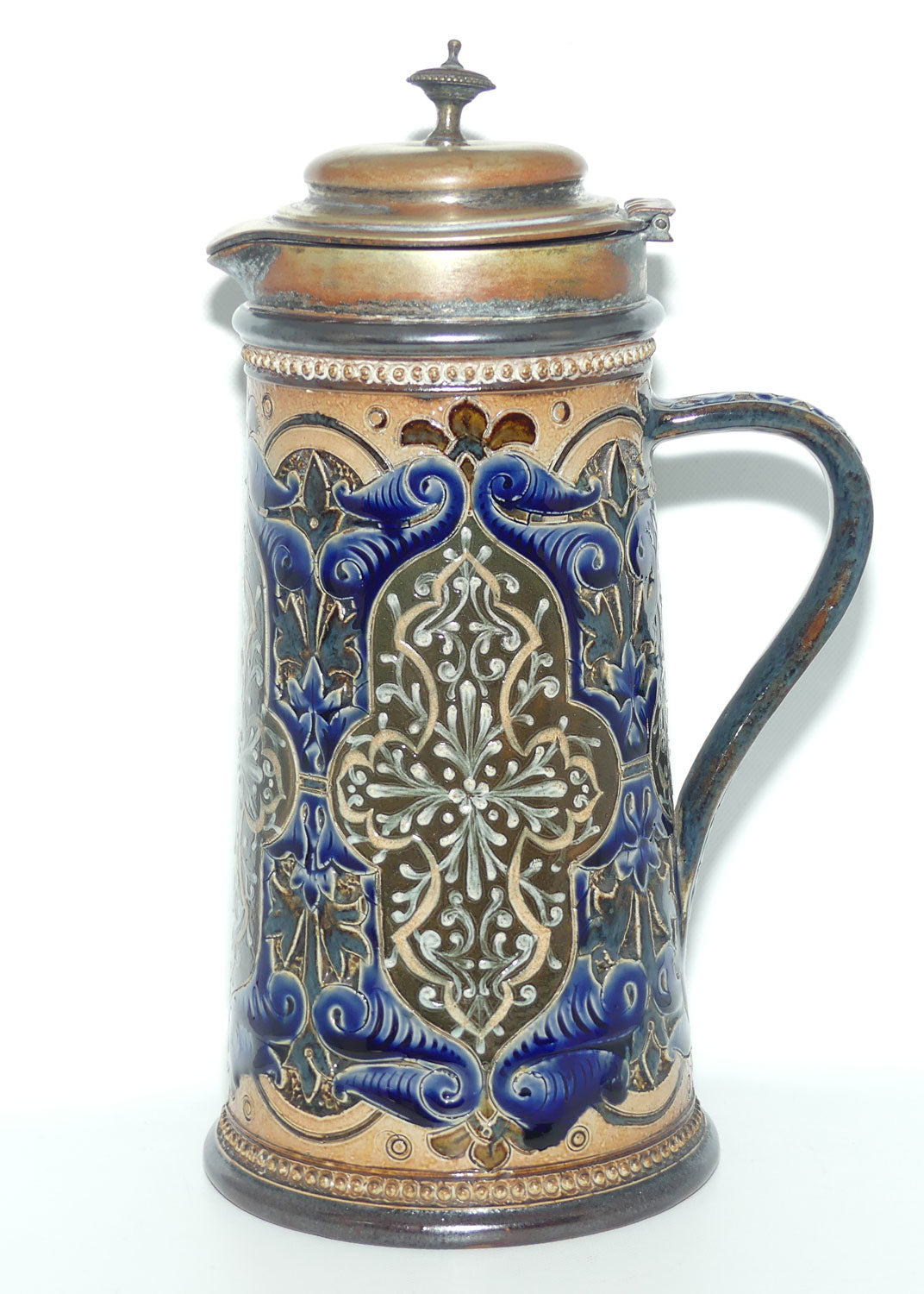 Doulton Lambeth stoneware lidded ale jug with pate-sur-pate cartouches and incised scrollwork (Parker)