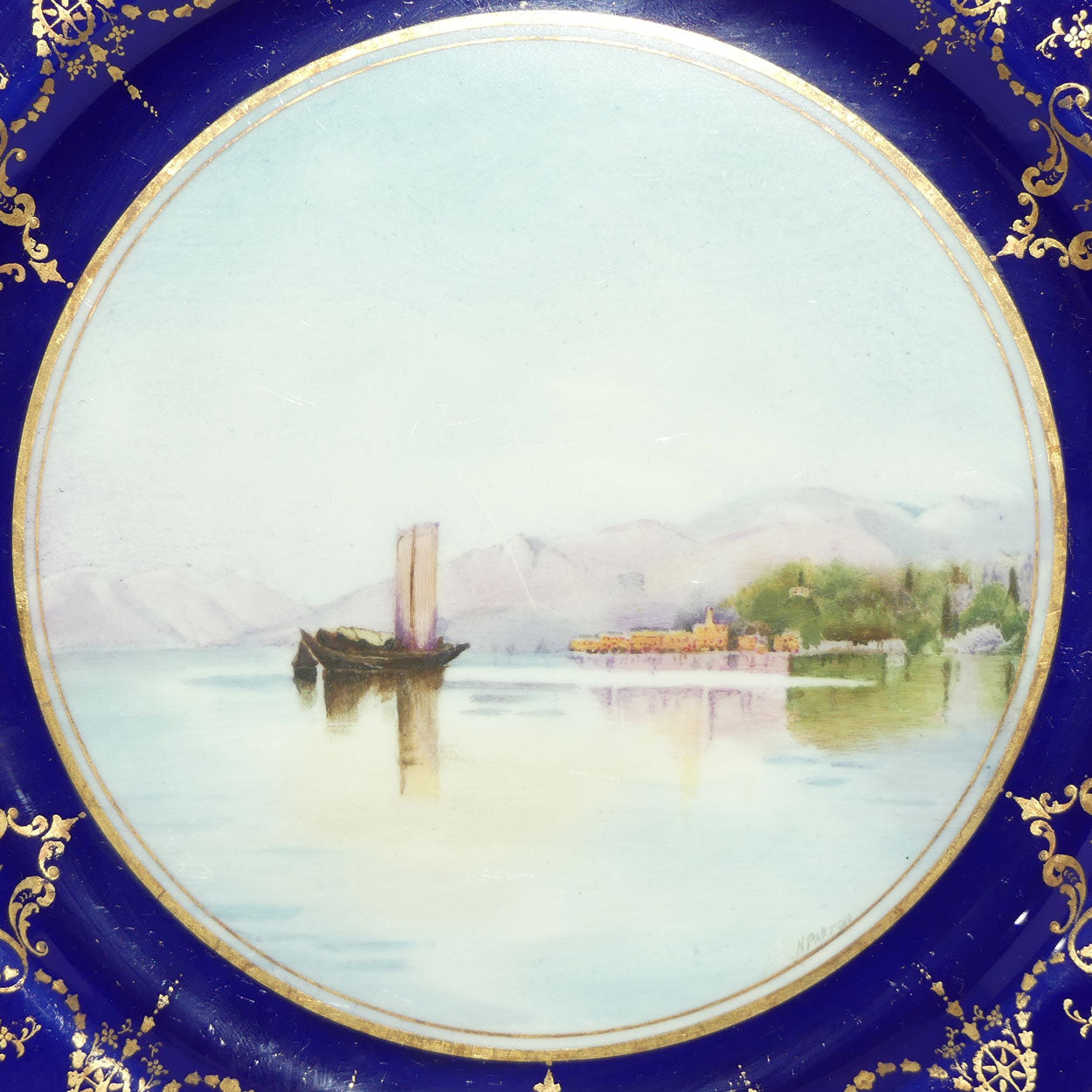 Royal Doulton hand painted Blue border & gilt plate Bellagio (N Parton)