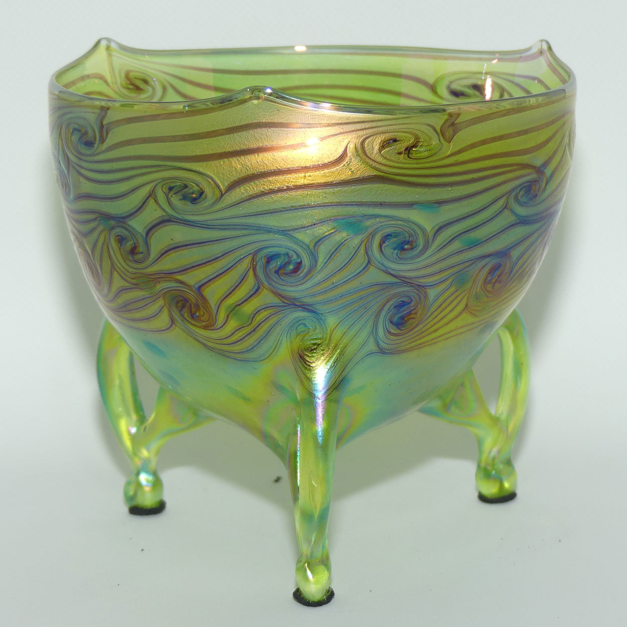 Art Nouveau Jugendstil Iridescent Green Glass Vase on 3 fancy legs with Swirled Peacock Feather pattern