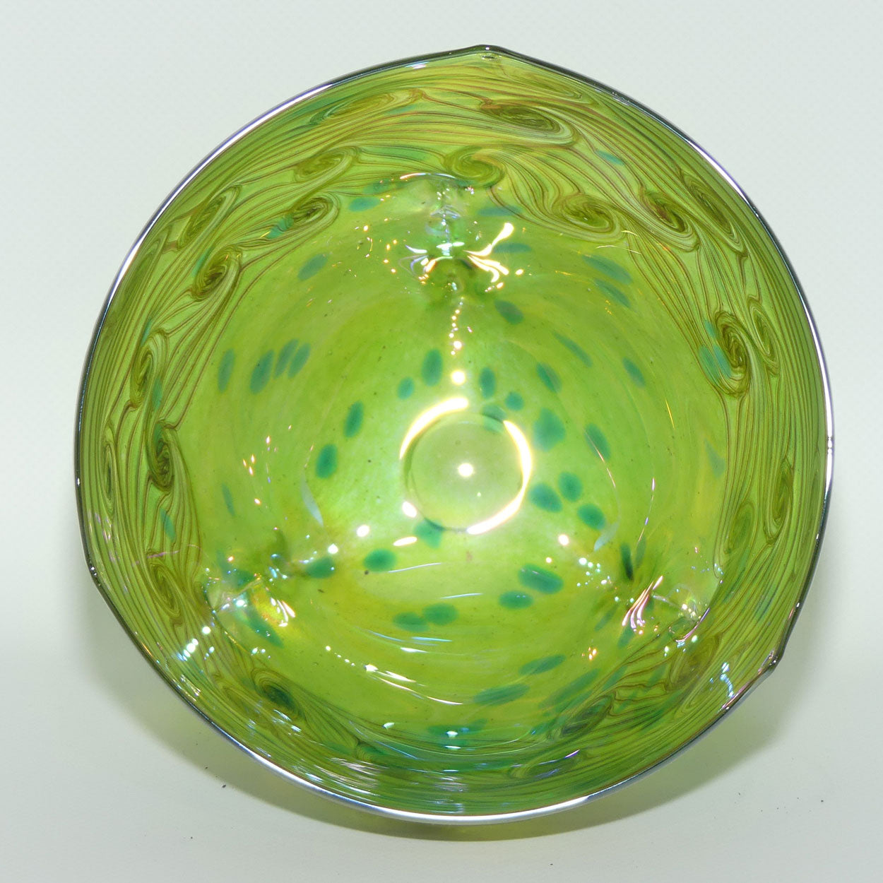 Art Nouveau Jugendstil Iridescent Green Glass Vase on 3 fancy legs with Swirled Peacock Feather pattern