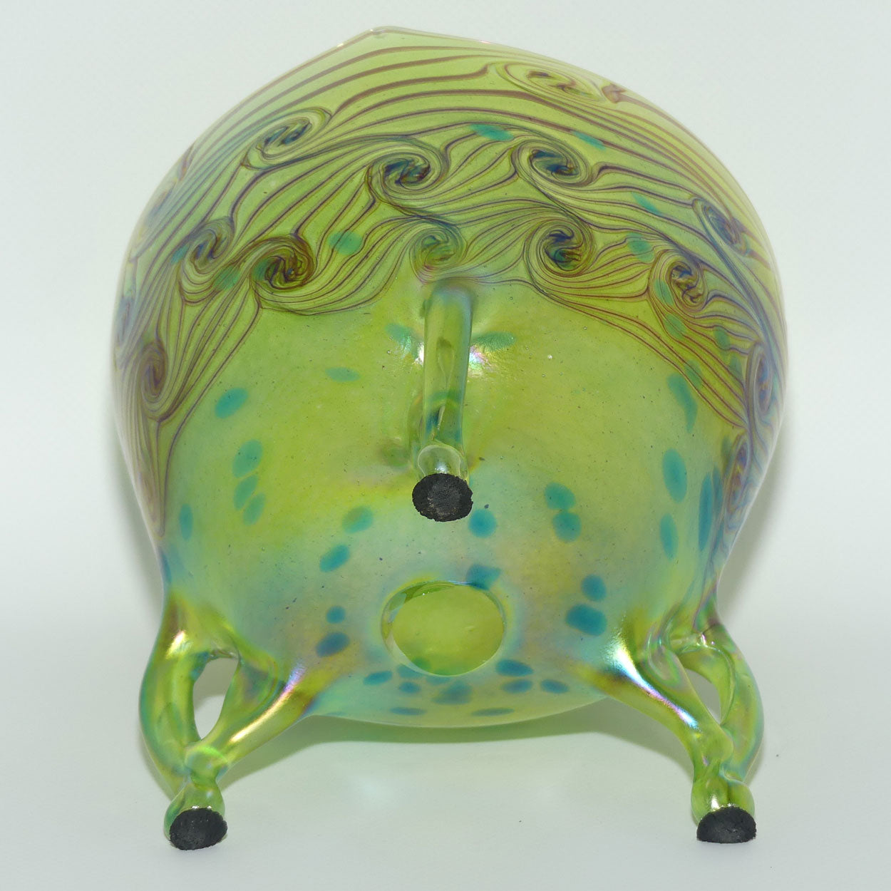 Art Nouveau Jugendstil Iridescent Green Glass Vase on 3 fancy legs with Swirled Peacock Feather pattern