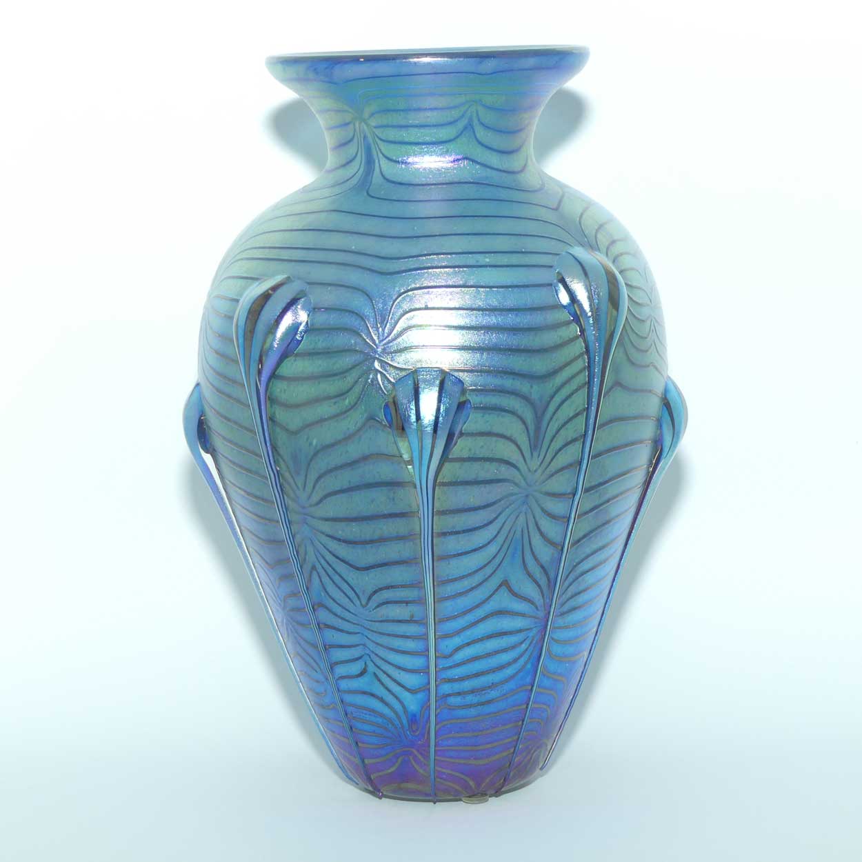 Art Nouveau Jugendstil Iridescent Blue Glass Vase with Swirled Peacock Feather pattern and applied Tadpoles