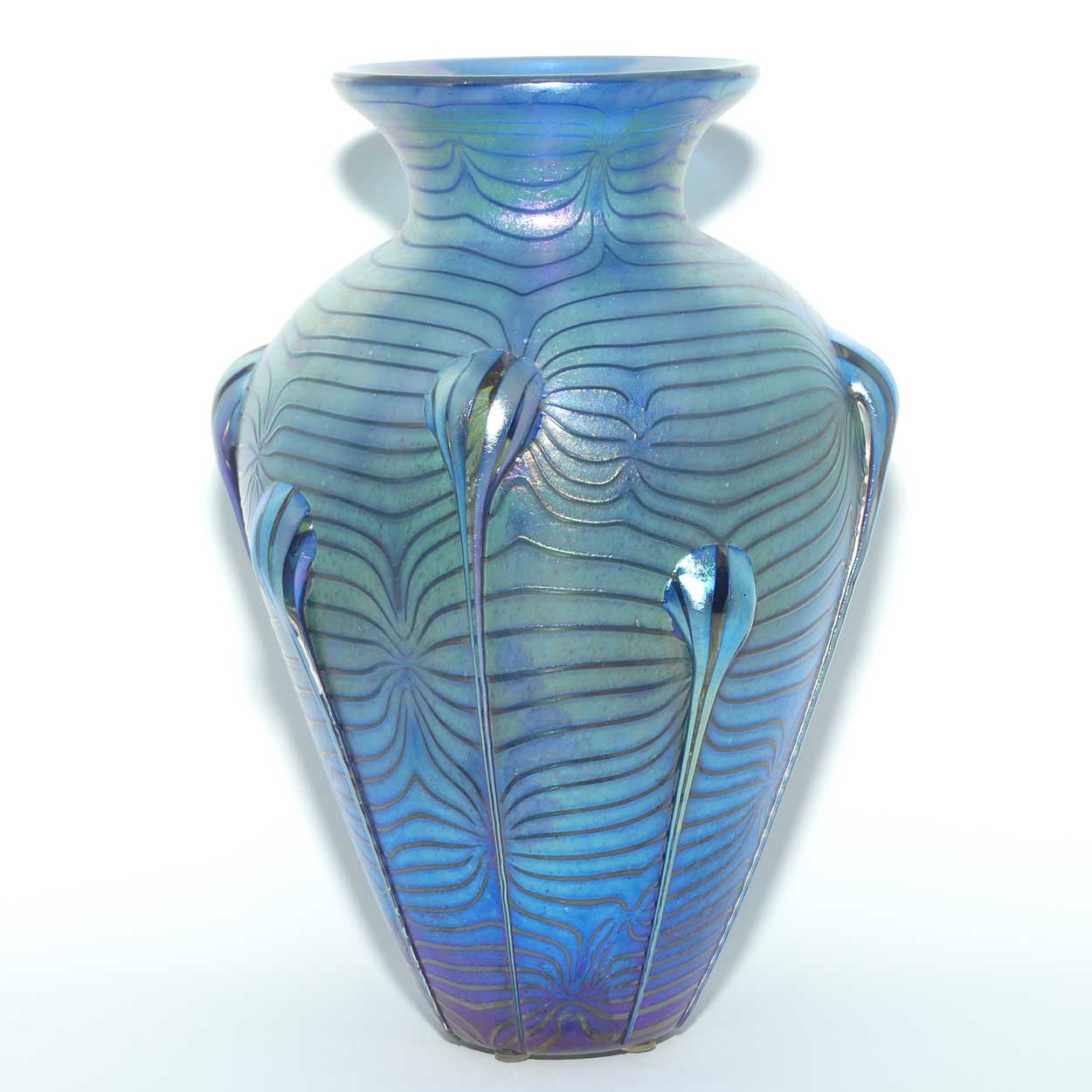 Art Nouveau Jugendstil Iridescent Blue Glass Vase with Swirled Peacock Feather pattern and applied Tadpoles