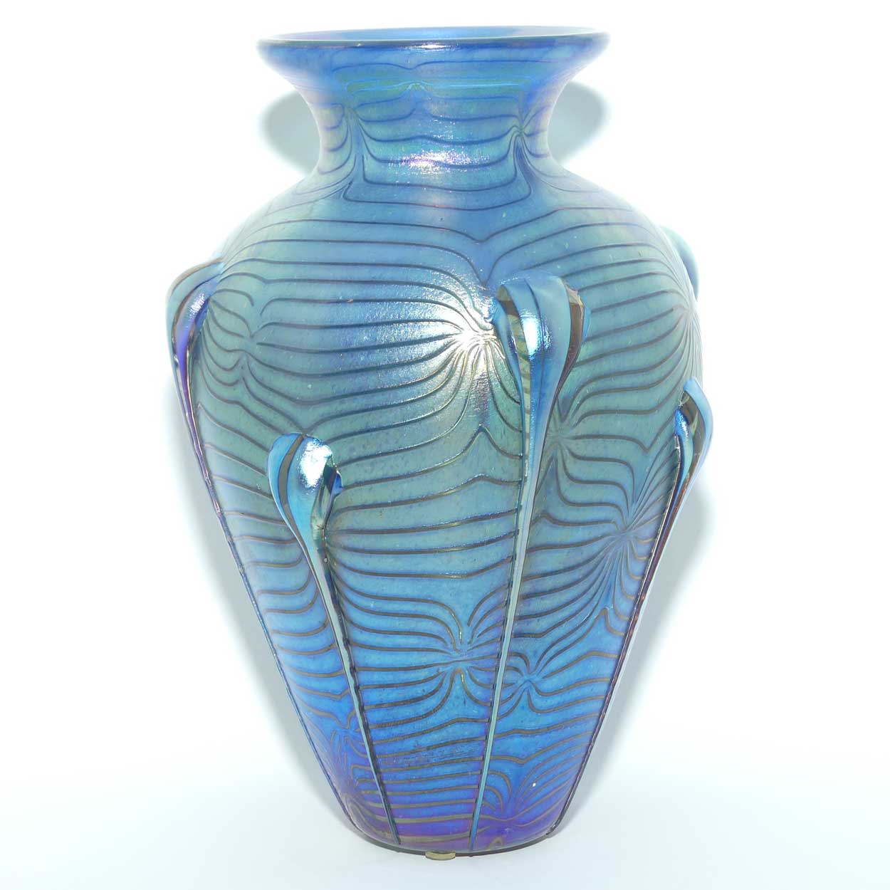 Art Nouveau Jugendstil Iridescent Blue Glass Vase with Swirled Peacock Feather pattern and applied Tadpoles
