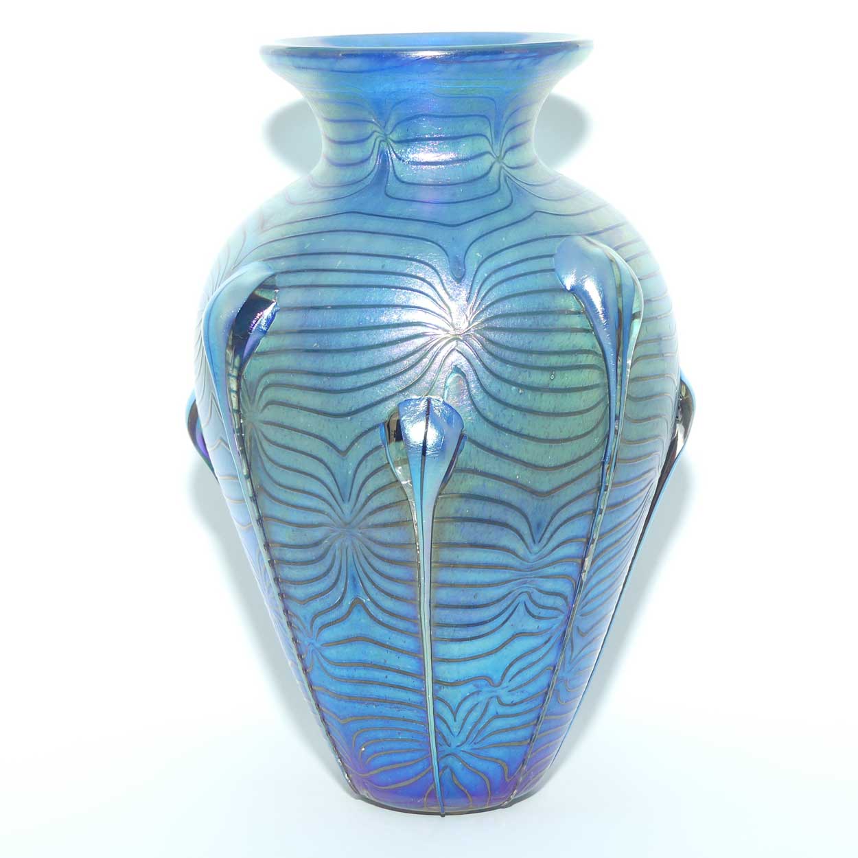Art Nouveau Jugendstil Iridescent Blue Glass Vase with Swirled Peacock Feather pattern and applied Tadpoles