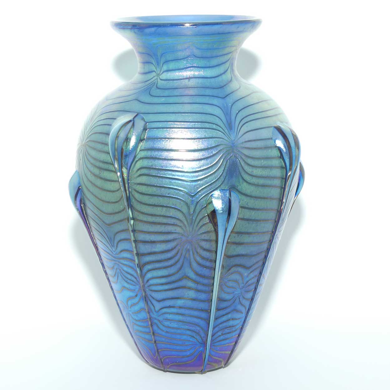 Art Nouveau Jugendstil Iridescent Blue Glass Vase with Swirled Peacock Feather pattern and applied Tadpoles