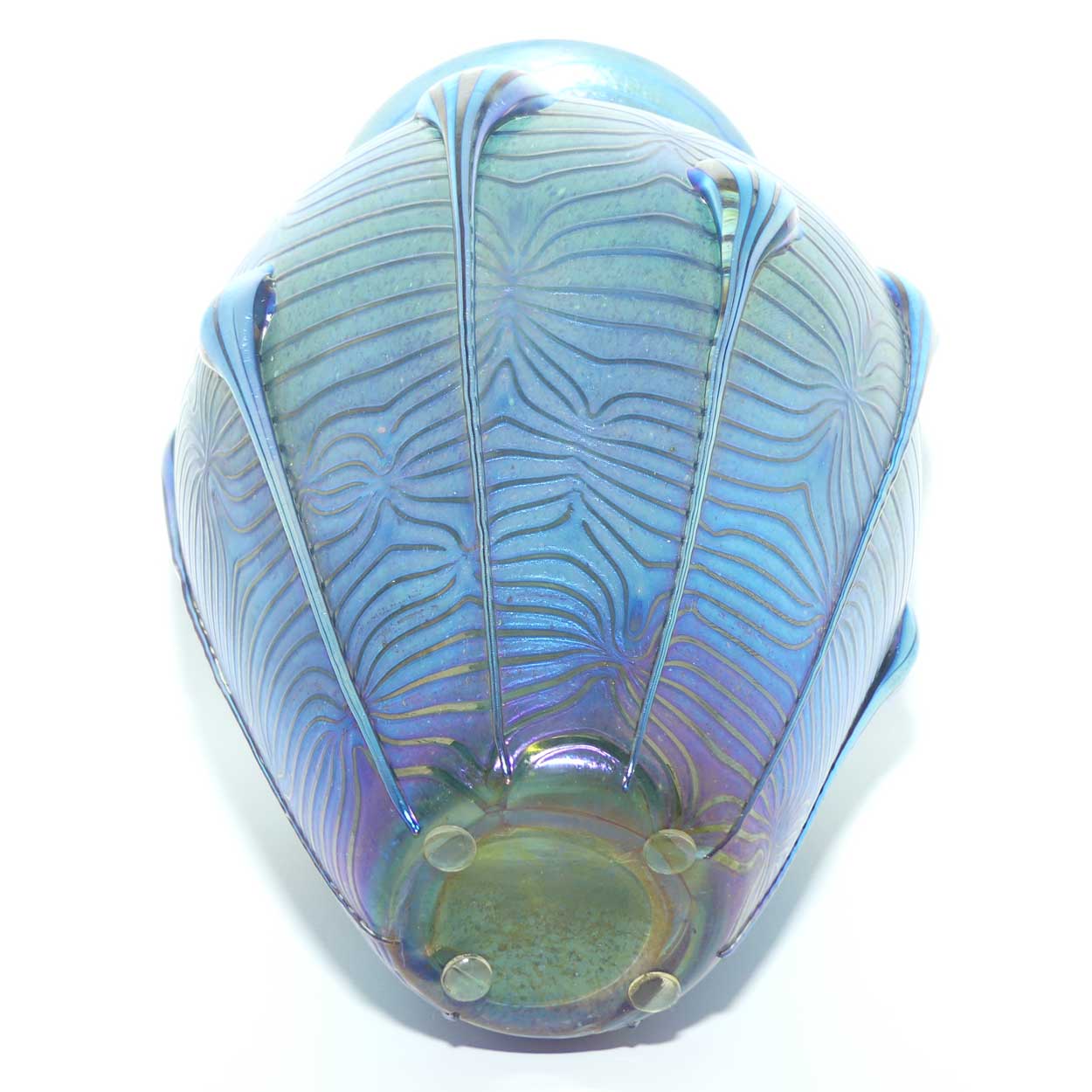 Art Nouveau Jugendstil Iridescent Blue Glass Vase with Swirled Peacock Feather pattern and applied Tadpoles