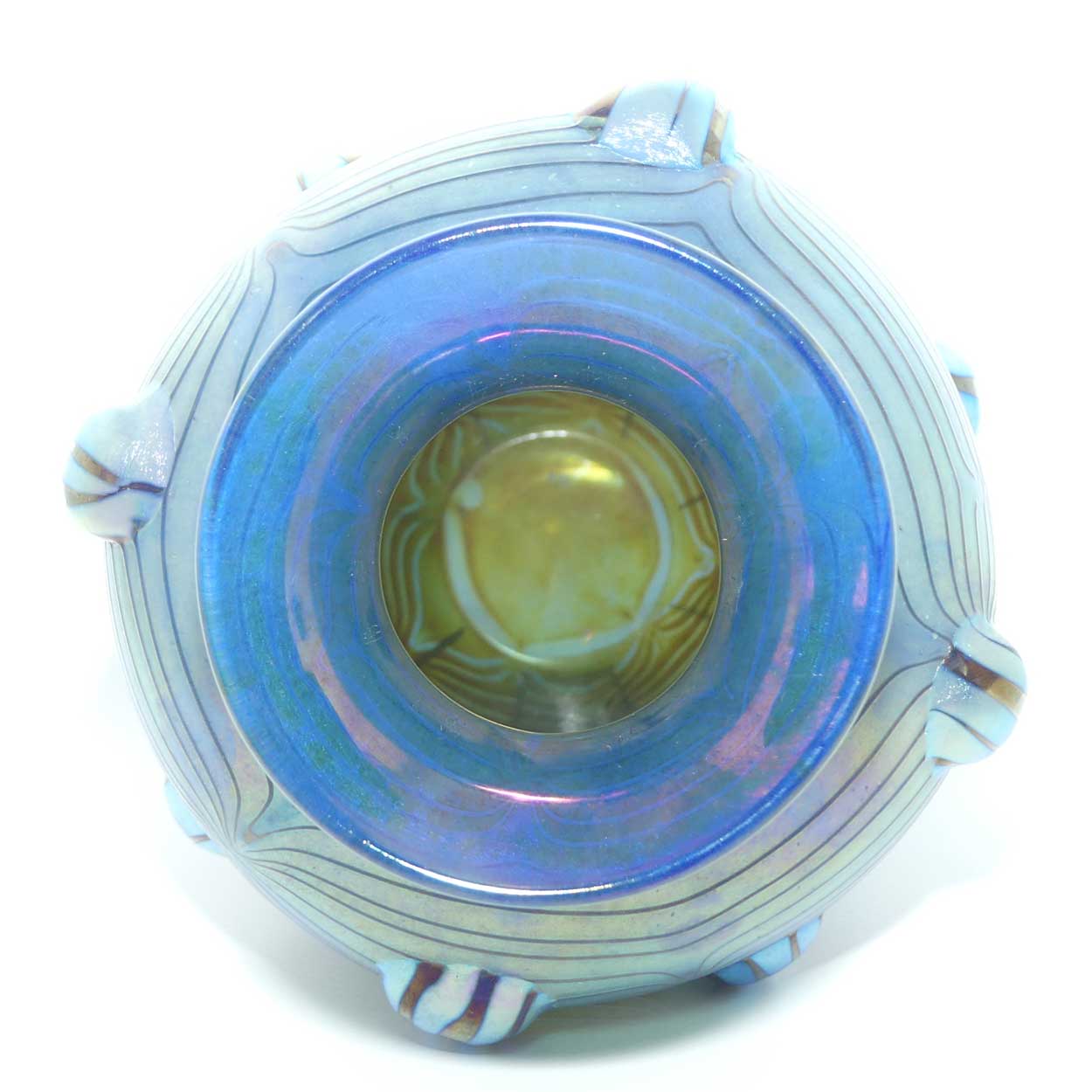 Art Nouveau Jugendstil Iridescent Blue Glass Vase with Swirled Peacock Feather pattern and applied Tadpoles