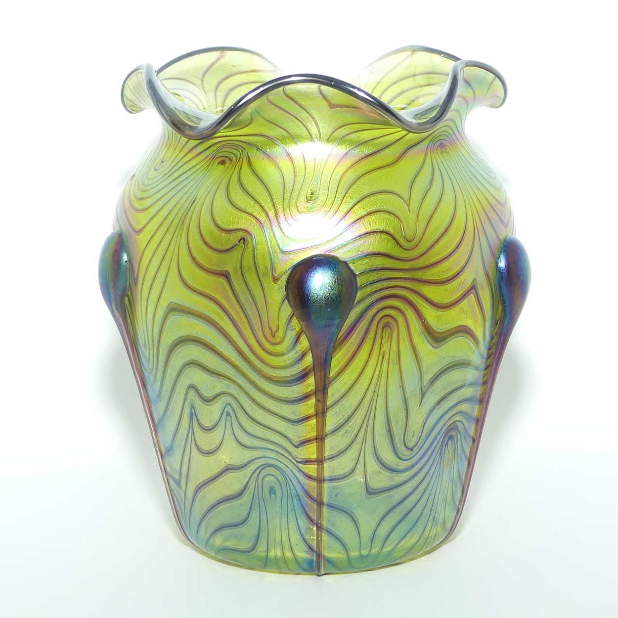 Art Nouveau Jugendstil Iridescent Green Glass Vase with Swirled Peacock Feather pattern and applied Tadpoles