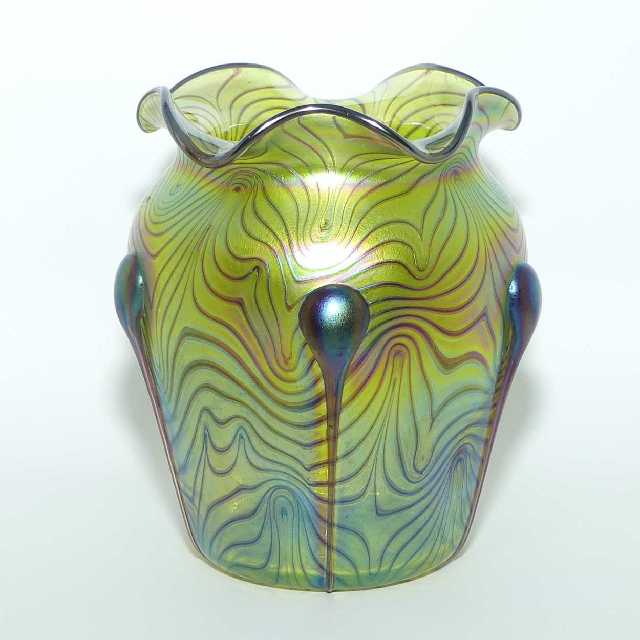 Art Nouveau Jugendstil Iridescent Green Glass Vase with Swirled Peacock Feather pattern and applied Tadpoles