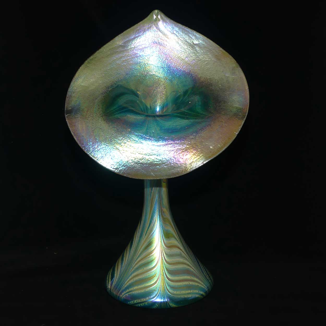 Art Nouveau Favrene glass Jack in the Pulpit vase with Peacock Tones
