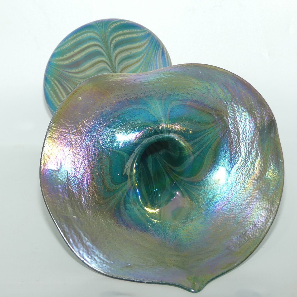 Art Nouveau Favrene glass Jack in the Pulpit vase with Peacock Tones