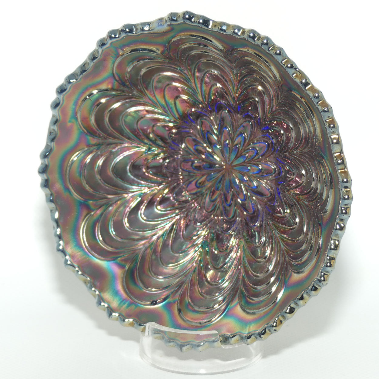 Fenton Carnival Glass bowl | Peacock Tail pattern | Green on Blue colour